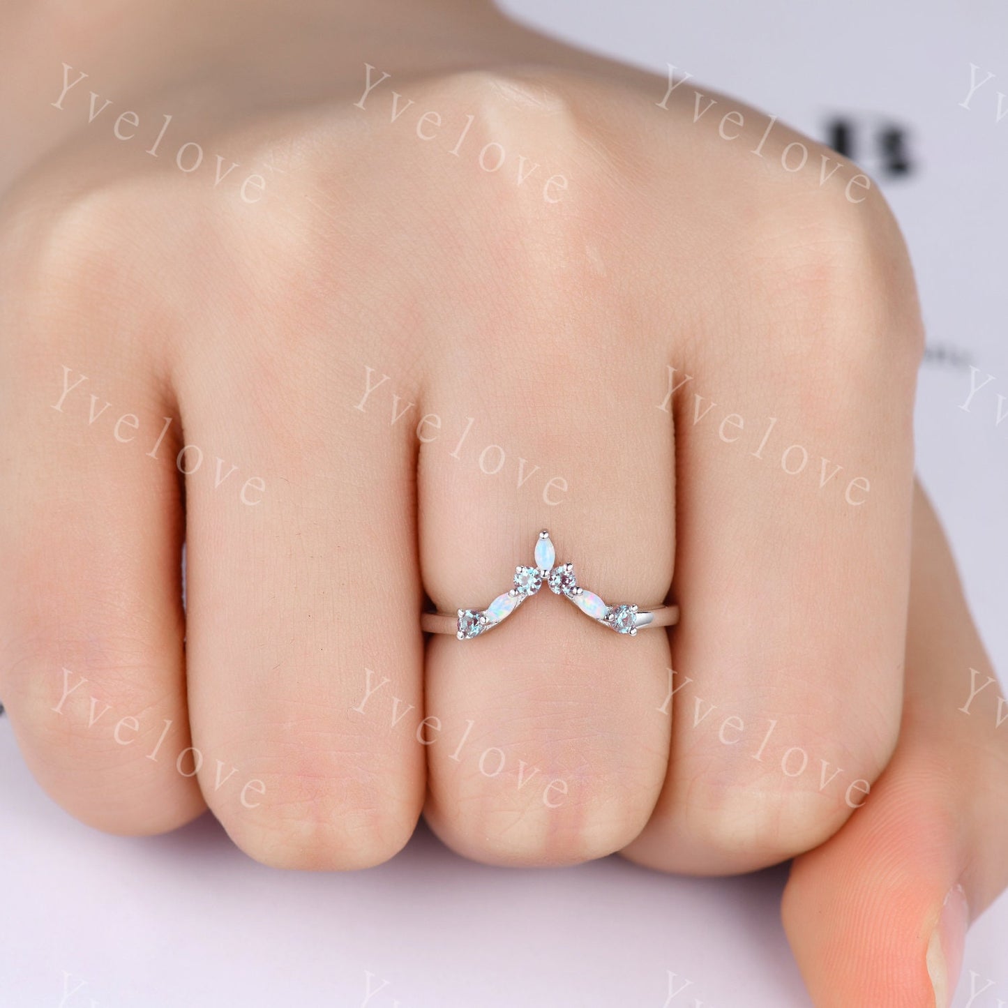 Opal Alexandrite Wedding Ring Match Stacking ring V Curved Wedding Band Sterling Silver Marquise Opal Ring Promise Jewelry Anniversary Gift