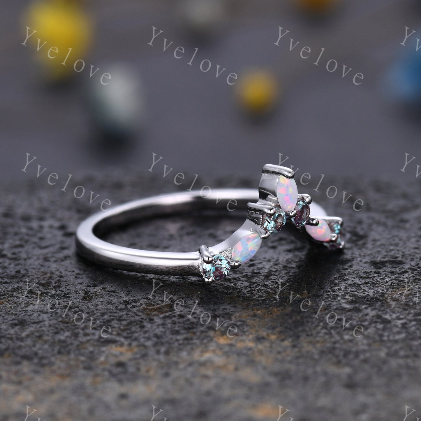 Opal Alexandrite Wedding Ring Match Stacking ring V Curved Wedding Band Sterling Silver Marquise Opal Ring Promise Jewelry Anniversary Gift