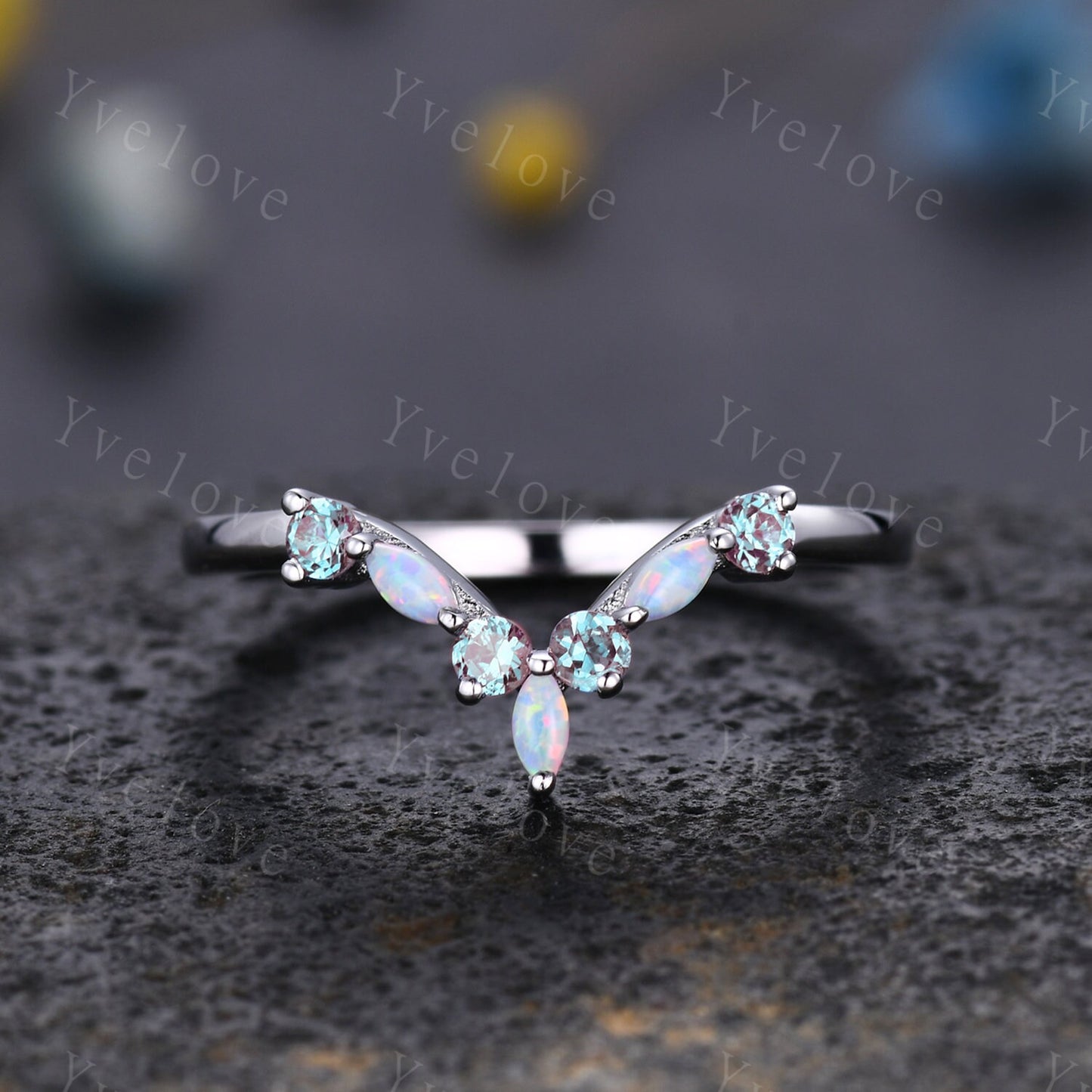 Opal Alexandrite Wedding Ring Match Stacking ring V Curved Wedding Band Sterling Silver Marquise Opal Ring Promise Jewelry Anniversary Gift