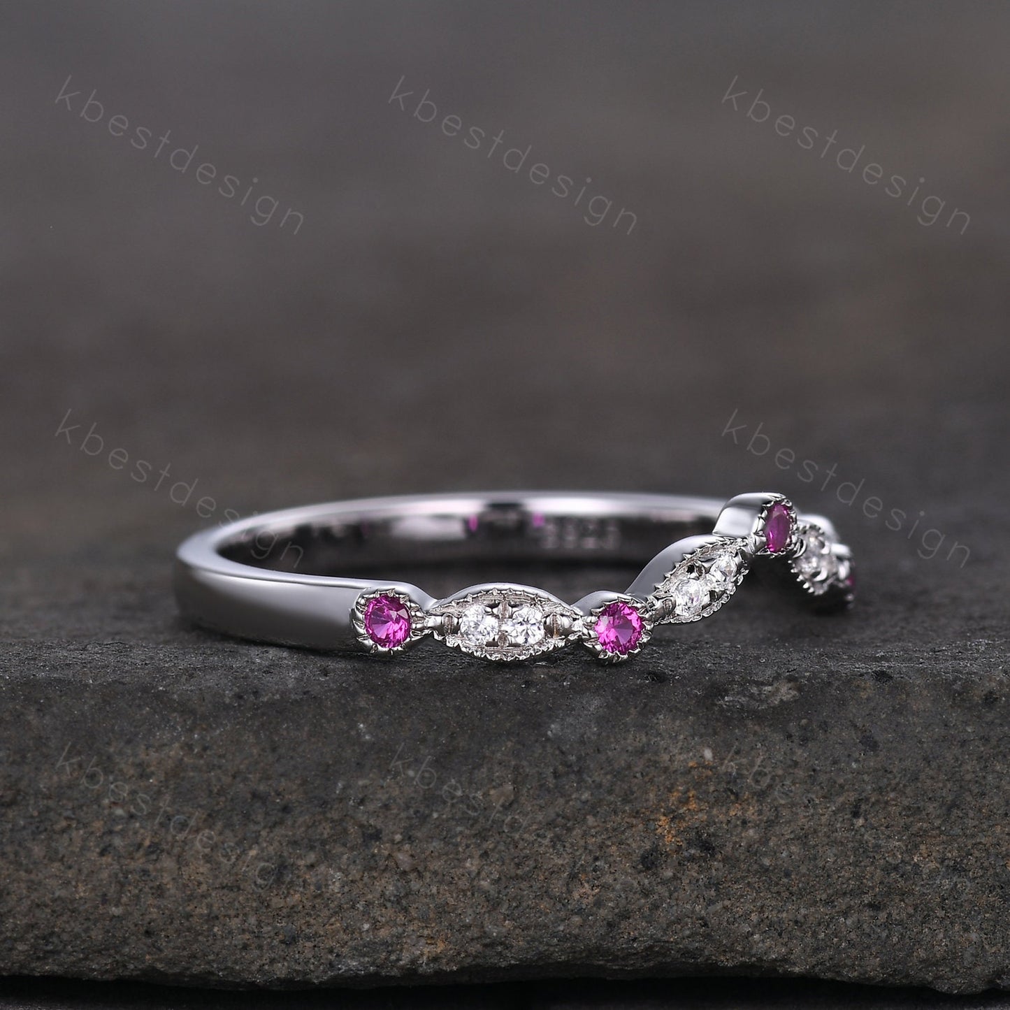 Moissanite Wedding Band Curved Ruby Stacking Band Sterling Silver Rings for Women Unique Matching Band Anniversary ring promise gift