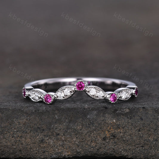 Moissanite Wedding Band Curved Ruby Stacking Band Sterling Silver Rings for Women Unique Matching Band Anniversary ring promise gift