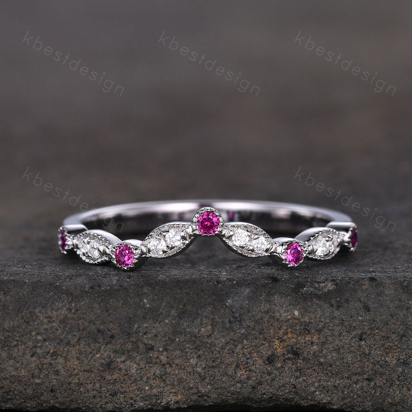 Moissanite Wedding Band Curved Ruby Stacking Band Sterling Silver Rings for Women Unique Matching Band Anniversary ring promise gift