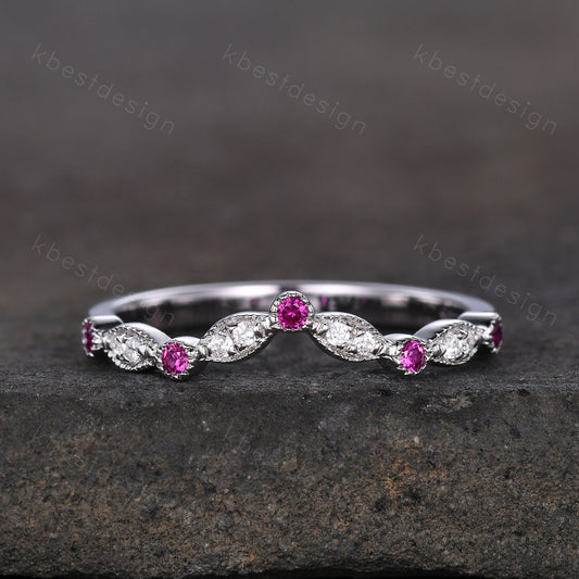 Moissanite Wedding Band Curved Ruby Stacking Band Sterling Silver Rings for Women Unique Matching Band Anniversary ring promise gift