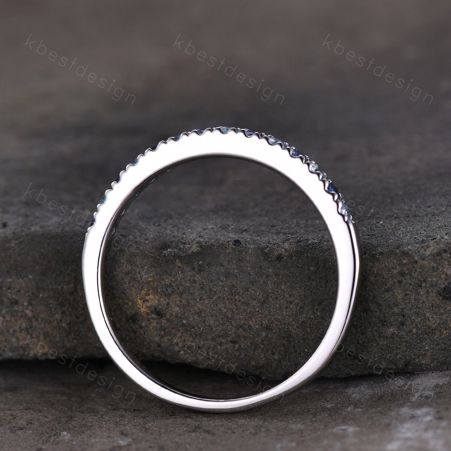 1.5mm Half eternity blue sapphire wedding band silver blue topaz band pave stacking matching band December birthstone ring gift for her