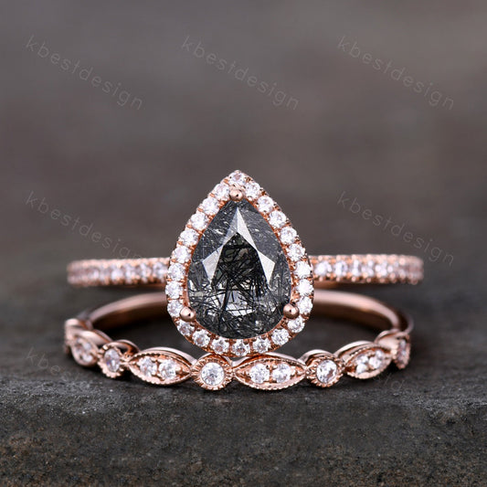 Black rutilated quartz engagement ring set rose gold black stone ring vintage art deco moissanite wedding ring set anniversary promise ring