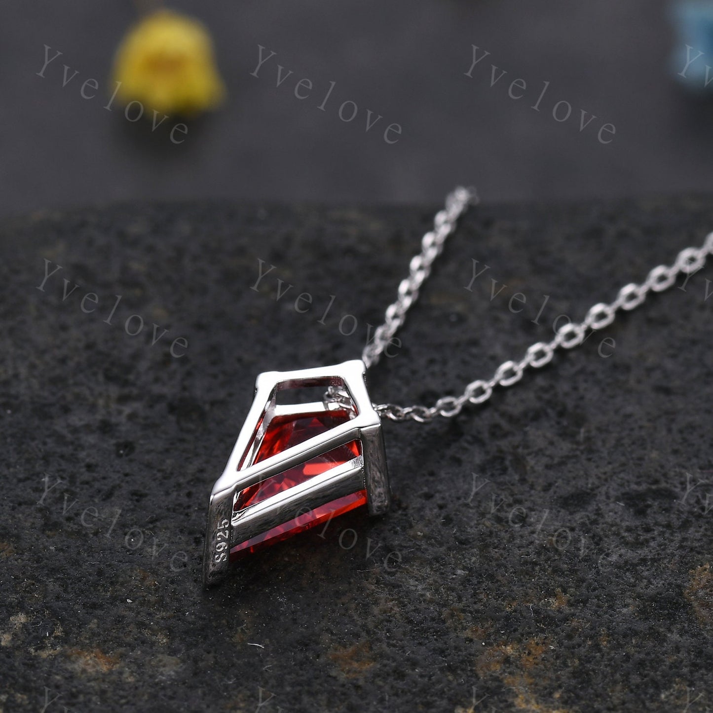 Unique Kite shaped Padparadscha Sapphire Pendant,Minimalist Sapphire Necklace,Silver Art Deco Necklace,Vintage Women Bridal Gift Mom Gift