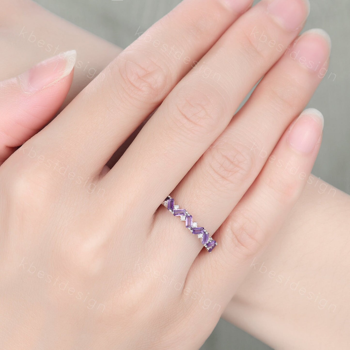 Baguette Amethyst Wedding Band Half Eternity Amethyst Moissanite Wedding Band Art deco Stacking Matching Band February Birthstone Ring