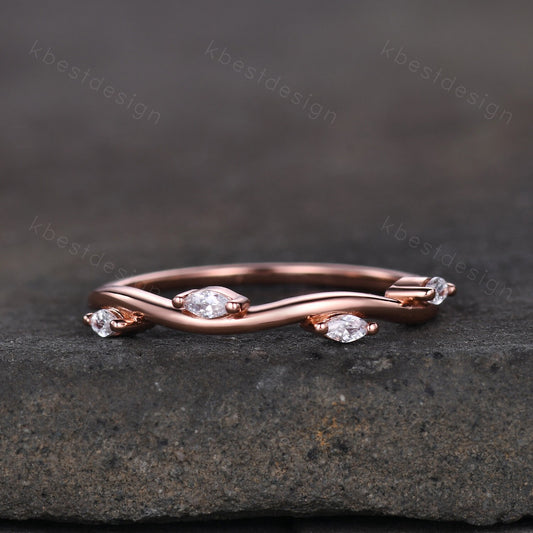Delicate Leaf Style Moissanite Wedding Band Rose Gold Wave Wedding Ring Unique Marquise cut Moissanite Stacking Band Anniversary Ring