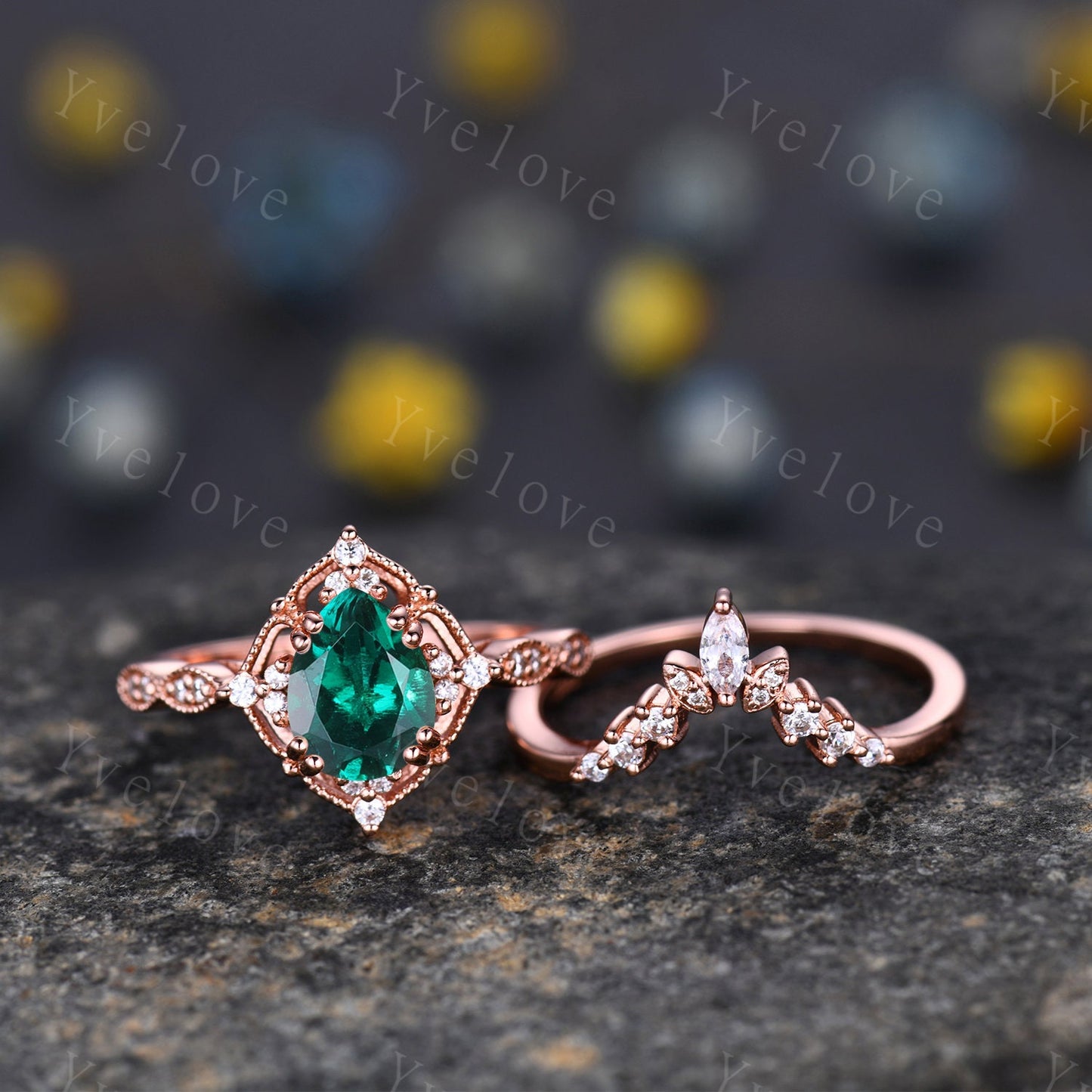 Vintage Emerald Engagement Ring Set,6x8mm Pear Emerald Bridal Set,Moissanite Half Eternity Band,Solid Gold,Women Rings Gift For Her,Custom