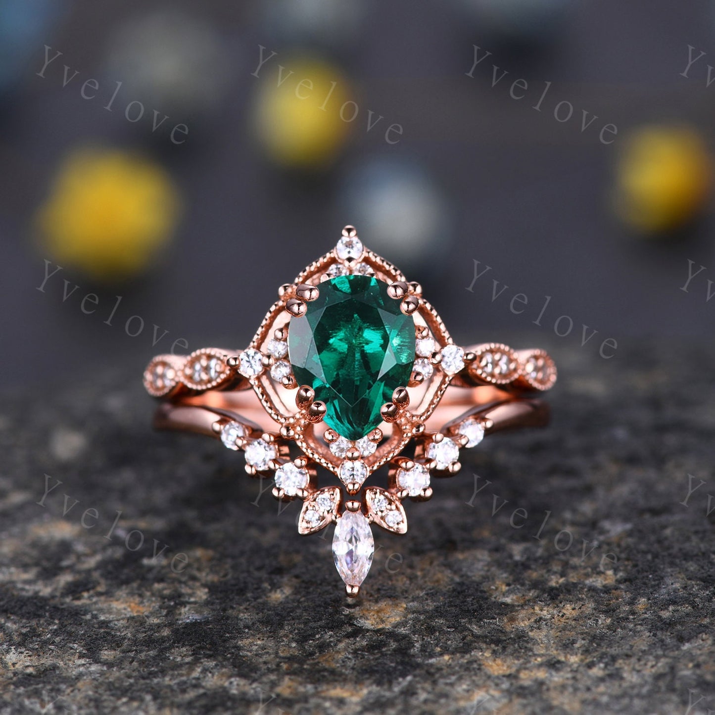 Vintage Emerald Engagement Ring Set,6x8mm Pear Emerald Bridal Set,Moissanite Half Eternity Band,Solid Gold,Women Rings Gift For Her,Custom