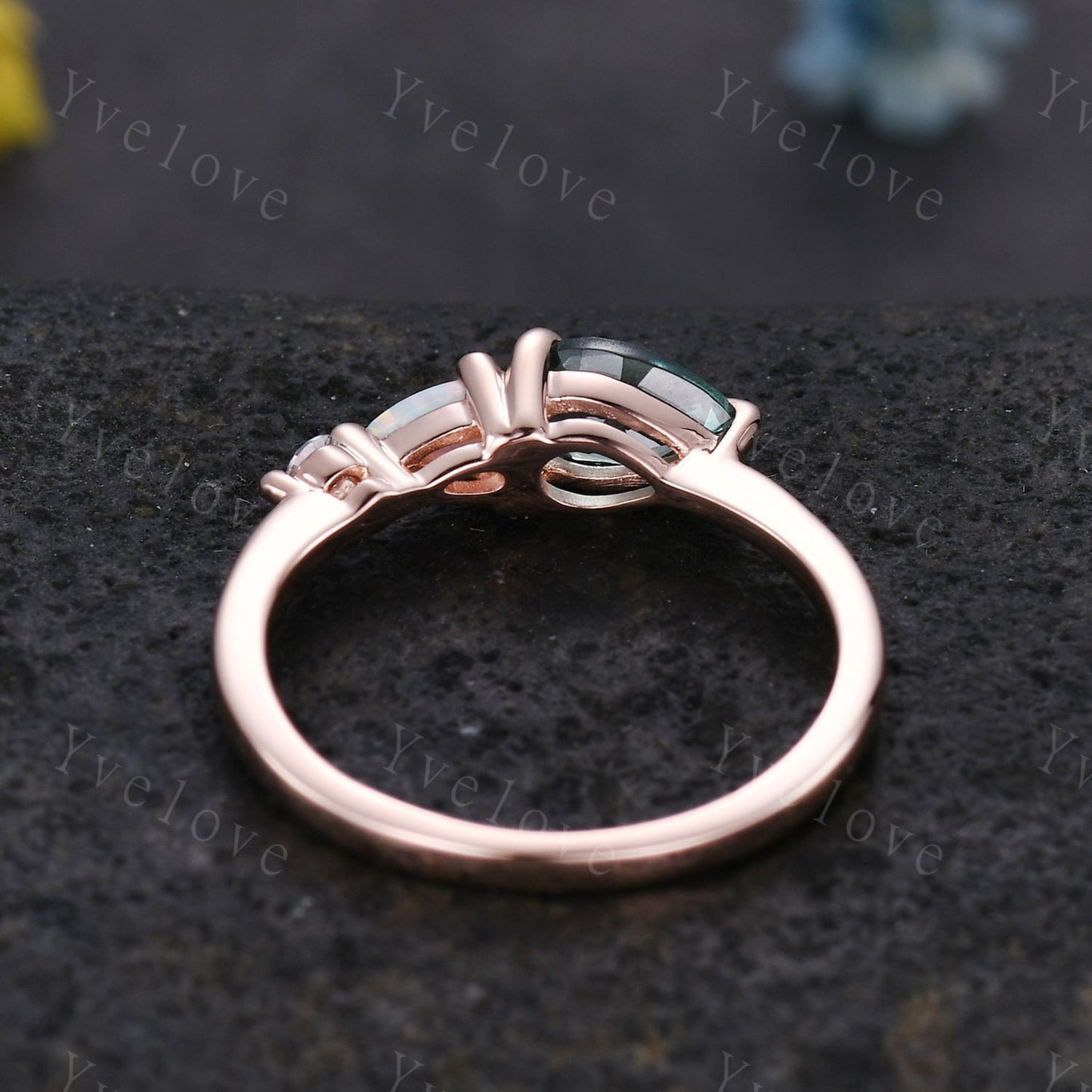 Vintage Teal Sapphire Opal Engagement Ring,Pear Cut Gems,Art Deco Moissanite Wedding Band,3 Stone Unique Women Bridal Promise Ring,Custom