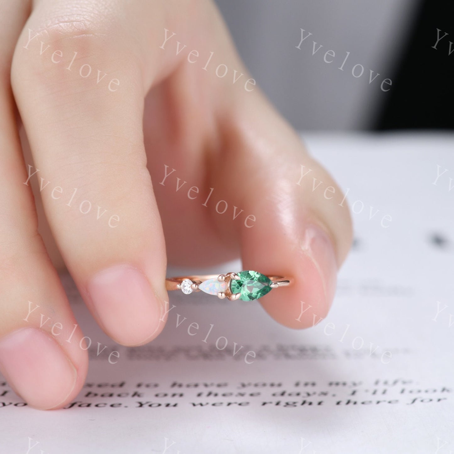 Vintage Teal Sapphire Opal Engagement Ring,Pear Cut Gems,Art Deco Moissanite Wedding Band,3 Stone Unique Women Bridal Promise Ring,Custom