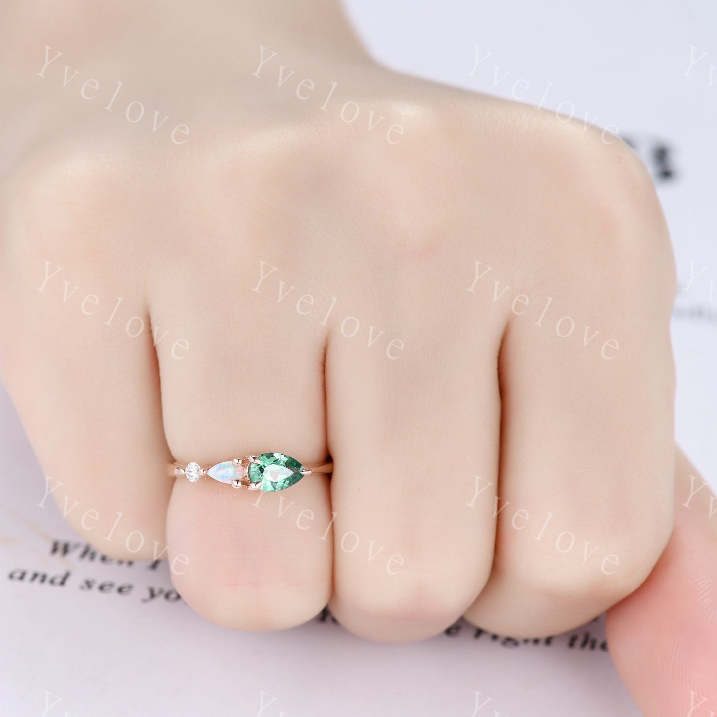 Vintage Teal Sapphire Opal Engagement Ring,Pear Cut Gems,Art Deco Moissanite Wedding Band,3 Stone Unique Women Bridal Promise Ring,Custom