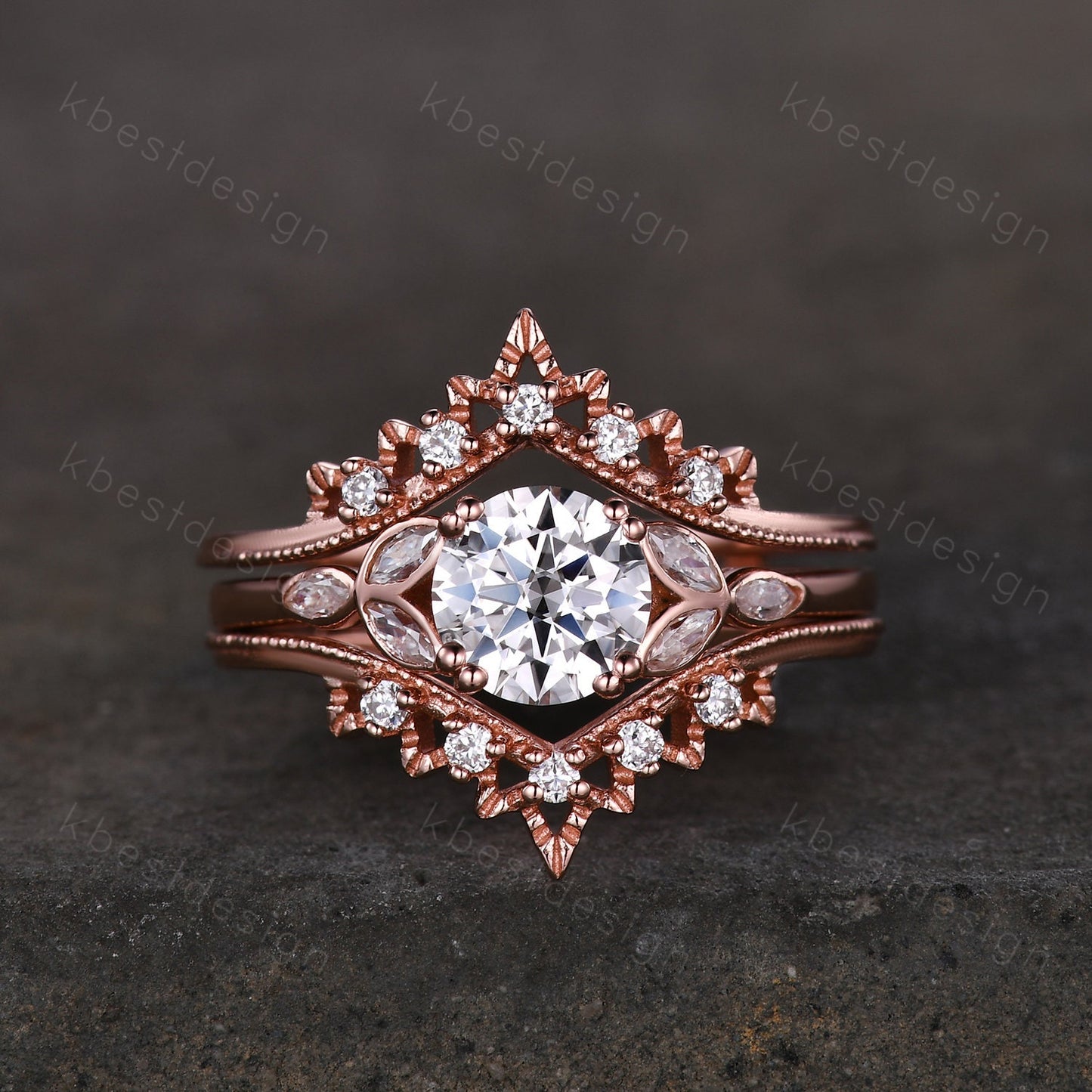 Vintage Moissanite Engagement Ring Set Rose Gold Wedding Ring Set Art Deco Double Curved Moissanite Stacking Band Unique Bridal Promise Ring