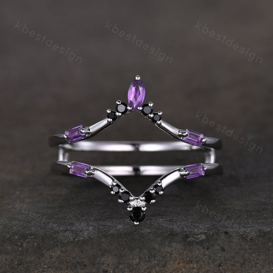 Amethyst curved wedding band baguette Amethyst double curved band Unique black spinel stacking matching band Bridal Anniversary ring