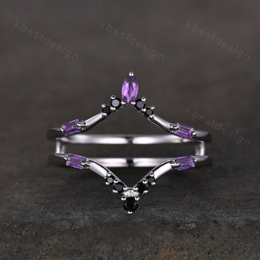 Amethyst curved wedding band baguette Amethyst double curved band Unique black spinel stacking matching band Bridal Anniversary ring