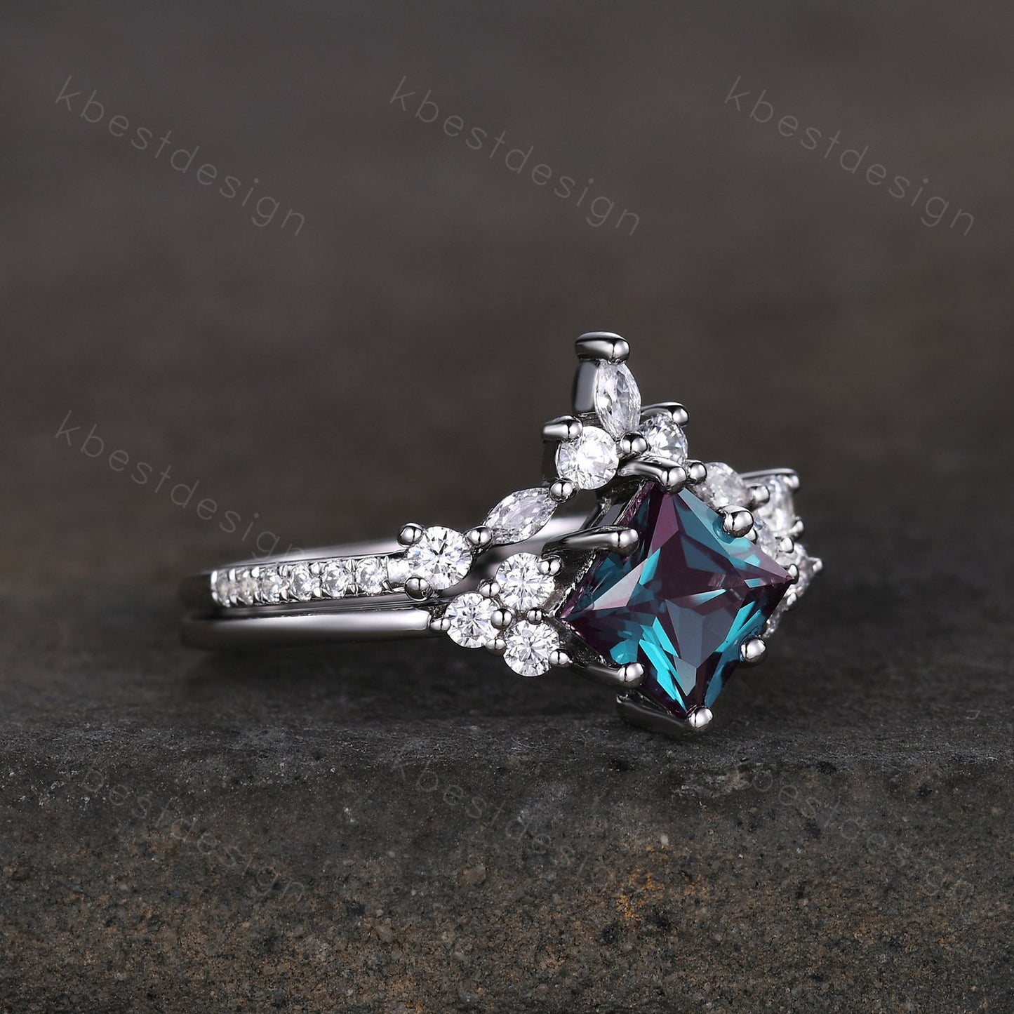 Vintage Alexandrite engagement ring set princess cut ring art deco moissanite cluster ring unique bridal wedding ring set anniversary gift