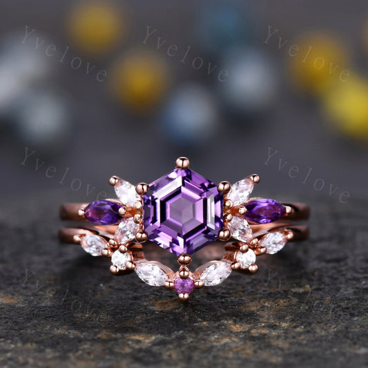 Vintage Hexagon Cut Amethyst Engagement Ring Rose Gold Women Moissanite Amethyst Gem Matching Band Promise Bridal Stacking Ring Set Gift