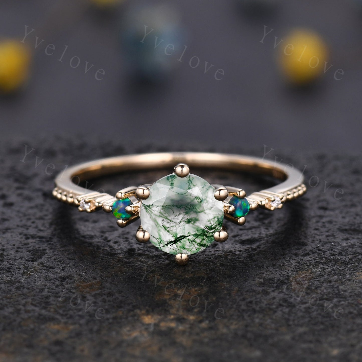 Unique Moss Agate Ring Set,Green Agate Engagement Ring,Black Opal Ring,Moissanite Bridal Matching Stacking Wedding Band,Enhance Gold Ring