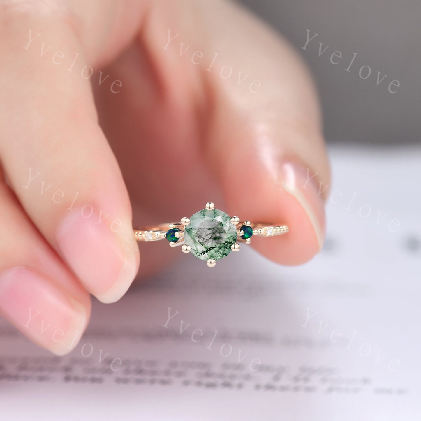 Unique Moss Agate Ring,Green Agate Engagement Ring,Black Opal Ring,Women Moissanite Bridal Matching Stacking Diamond Wedding Band,Gold Ring