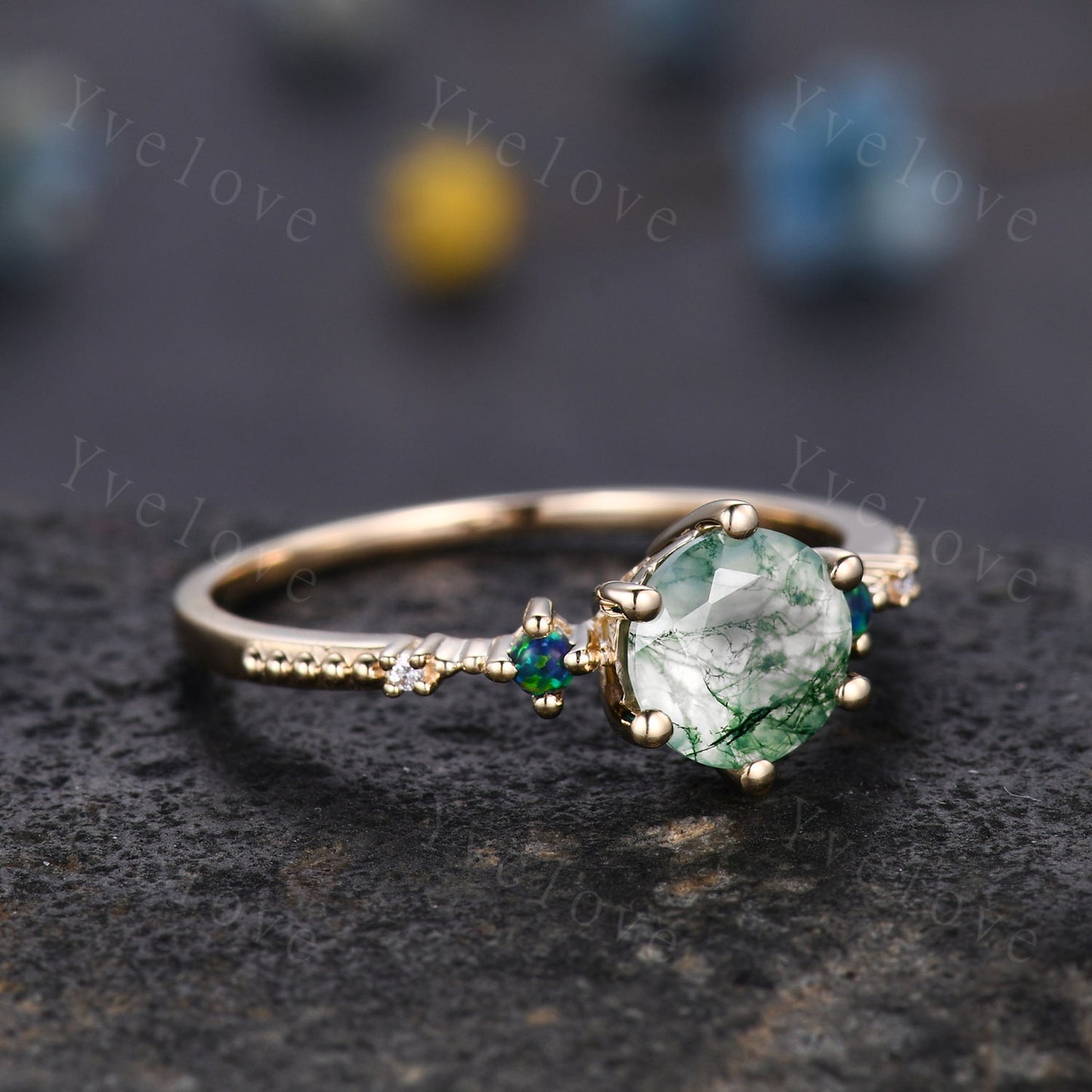Unique Moss Agate Ring,Green Agate Engagement Ring,Black Opal Ring,Women Moissanite Bridal Matching Stacking Diamond Wedding Band,Gold Ring