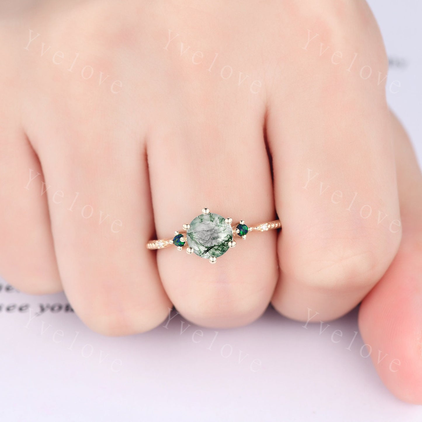 Unique Moss Agate Ring Set,Green Agate Engagement Ring,Black Opal Ring,Moissanite Bridal Matching Stacking Wedding Band,Enhance Gold Ring