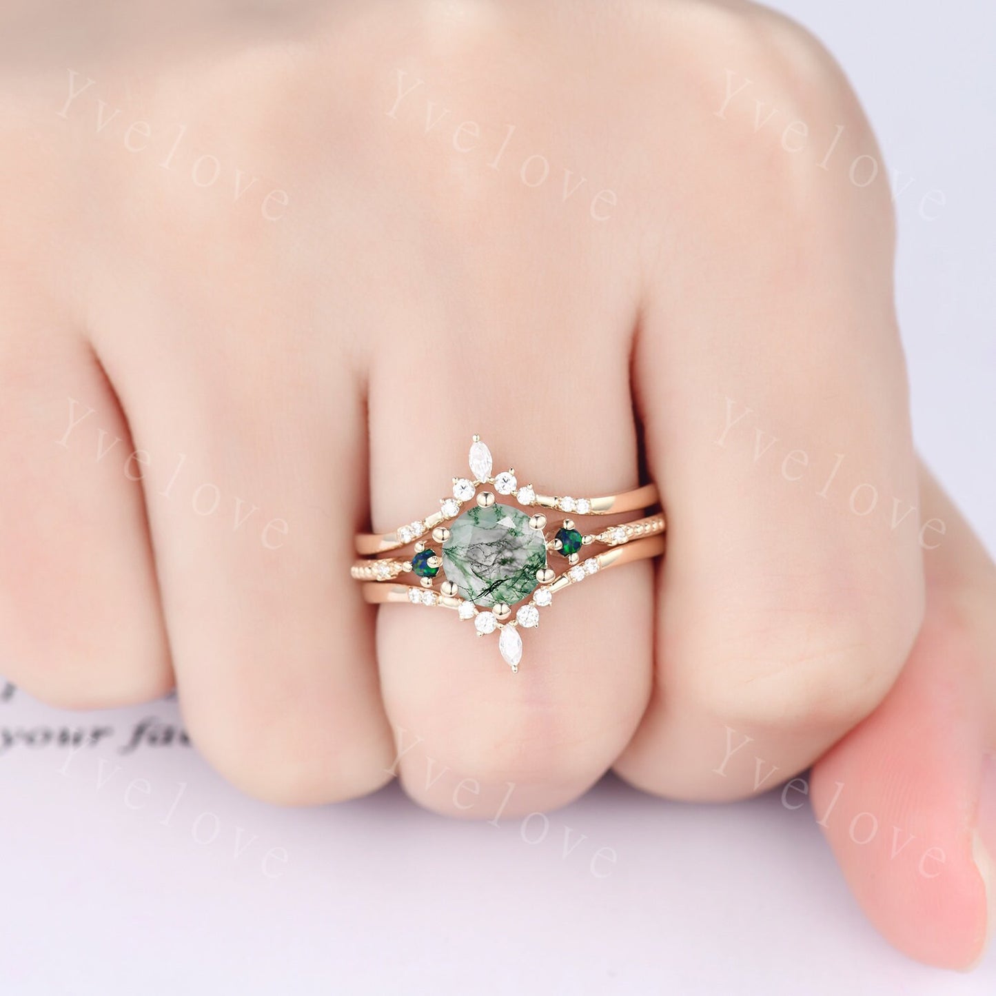 Unique Moss Agate Ring,Green Agate Engagement Ring,Black Opal Ring,Women Moissanite Bridal Matching Stacking Diamond Wedding Band,Gold Ring