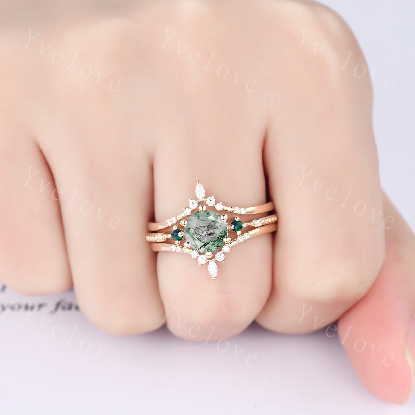 Unique Moss Agate Ring Set,Green Agate Engagement Ring,Black Opal Ring,Moissanite Bridal Matching Stacking Wedding Band,Enhance Gold Ring