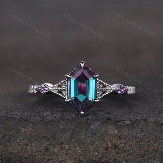 Antique Hexagon cut Alexandrite engagement ring 14k white gold amethyst ring vintage unique moissanite bridal wedding ring June birthstone
