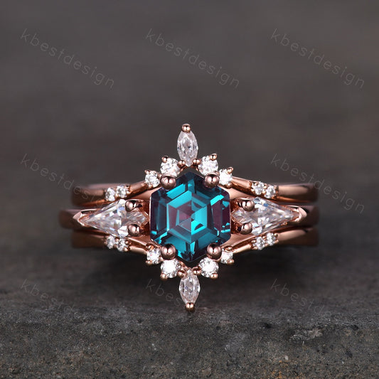 Vintage Alexandrite engagement ring set hexagon cut ring rose gold art deco three stone ring double curved Moissanite wedding band for women