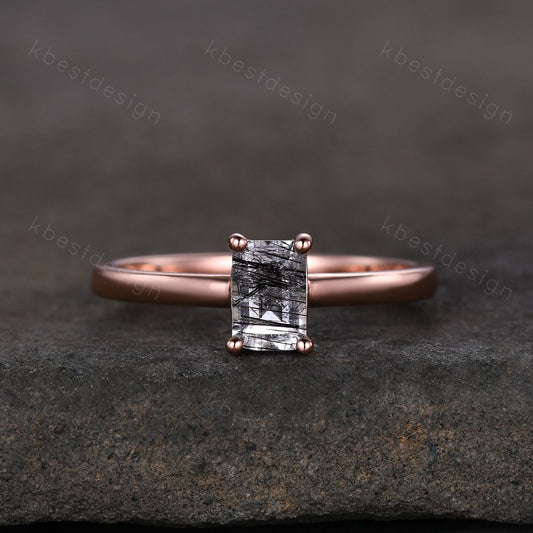 Emerald cut black rutilated quartz ring rose gold solitaire engagement ring minimalist ring delicate black stone ring anniversary ring