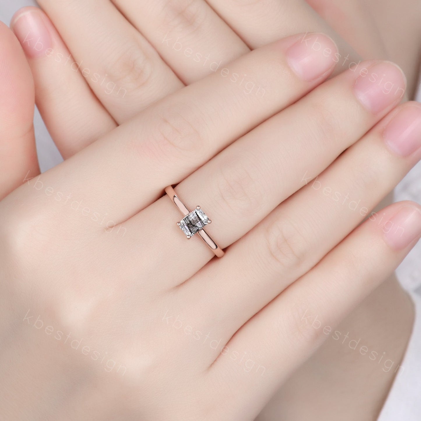 Emerald cut black rutilated quartz ring rose gold solitaire engagement ring minimalist ring delicate black stone ring anniversary ring