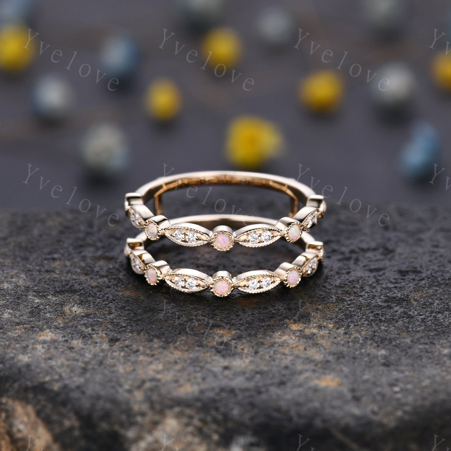 Opal Moissanite ring wrap ring guard enhancer ring art deco opal wedding band milgrain style ring 14k solid gold matching stacking band
