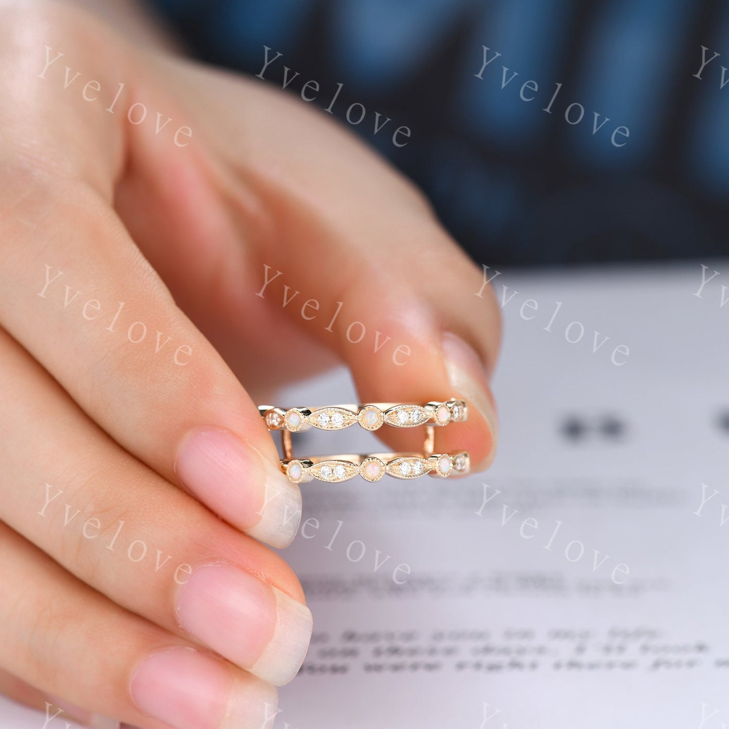 Opal Moissanite ring wrap ring guard enhancer ring art deco opal wedding band milgrain style ring 14k solid gold matching stacking band