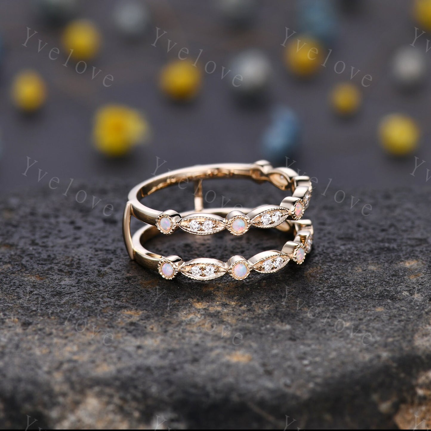 Opal Moissanite ring wrap ring guard enhancer ring art deco opal wedding band milgrain style ring 14k solid gold matching stacking band