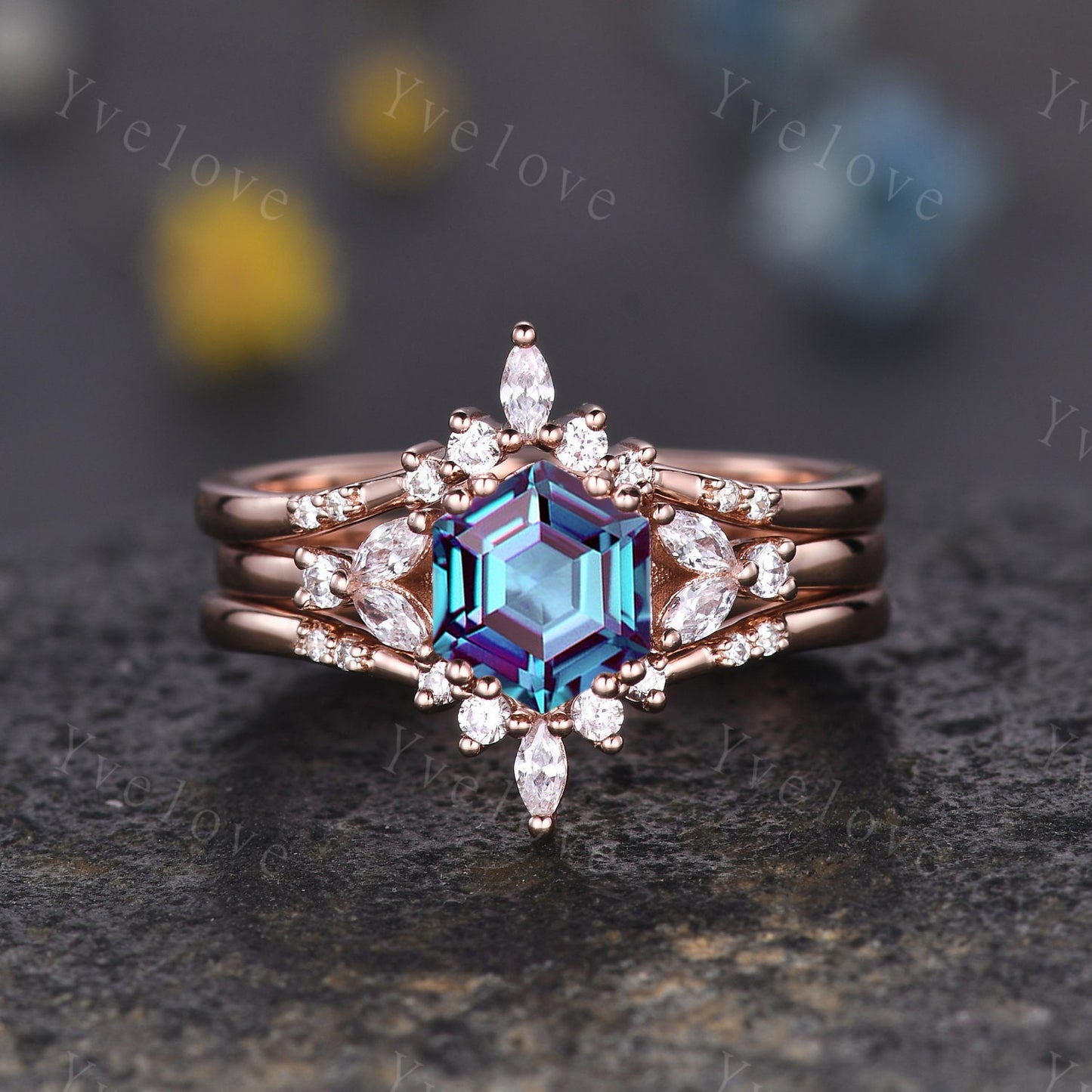 Hexagon Alexandrite Ring,Alexandrite Engagement Ring,Enhancer Wedding Ring,Double Curved band,Women Bridal Stacking Moissanite Band,Silver