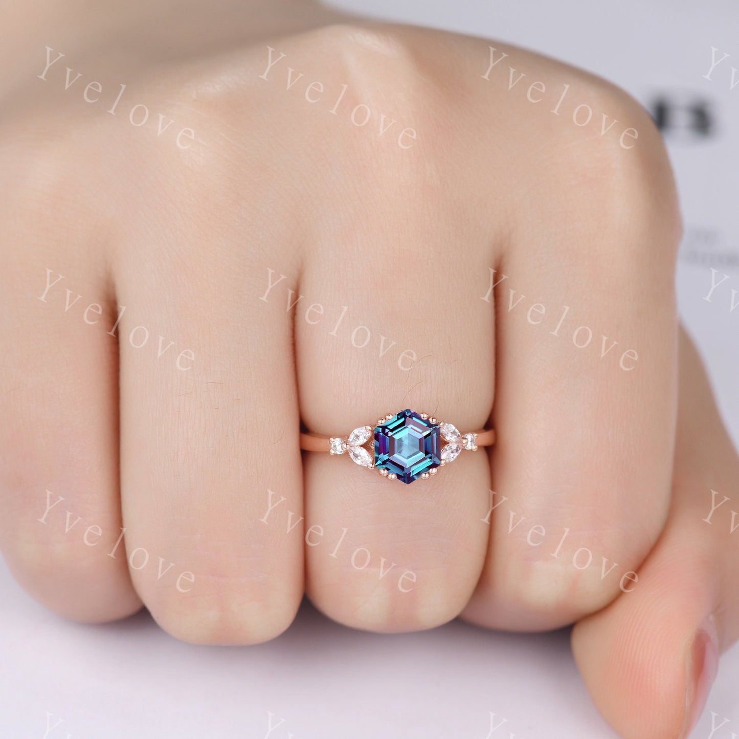 Hexagon Alexandrite Ring Set,Alexandrite Engagement Ring,Enhancer Wedding Ring,Double Curved band,Women Bridal Stacking Moissanite Band Gift