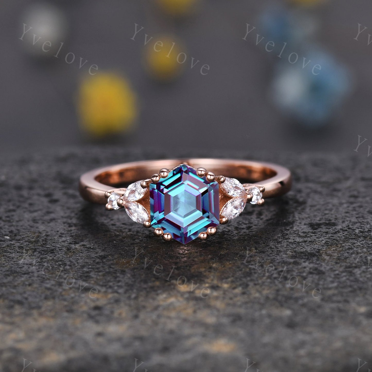 Hexagon Alexandrite Ring Set,Alexandrite Engagement Ring,Enhancer Wedding Ring,Double Curved band,Women Bridal Stacking Moissanite Band Gift