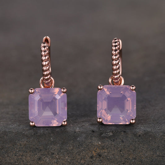 Asscher Lavender Amethyst Hoop Earrings / Dangling Amethyst Hoop Earrings / Rose Gold Twist Rope Hoop Earrings / Mothers Day Sale