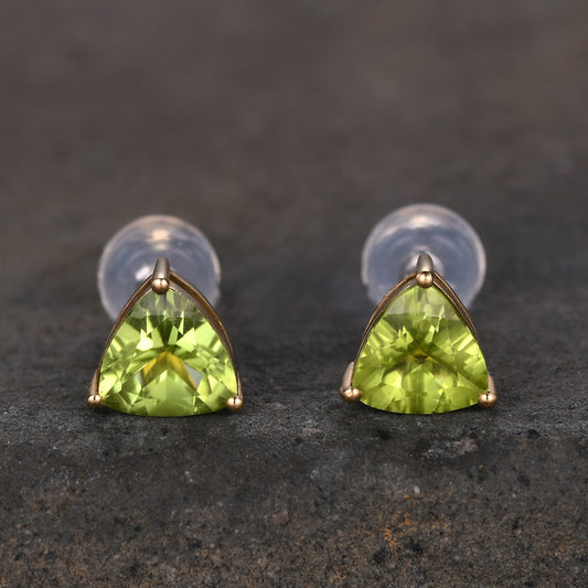 Trillion cut Peridot Studs, 14k Gold Stud Earrings, Peridot Solitaire Earrings, Peridot Jewelry, Minimalist Earrings, Dainty Studs, Gift