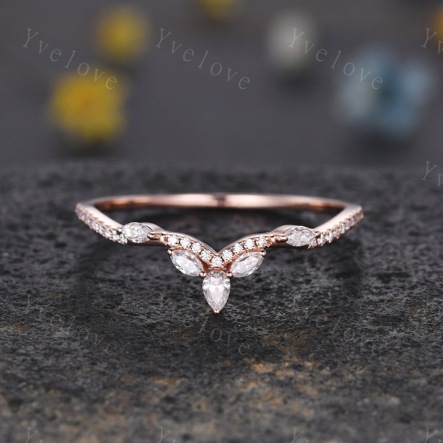 Moissanite wedding band marquise moissanite diamond v curved wedding ring stackable matching band gift for women 14k solid gold bridal band