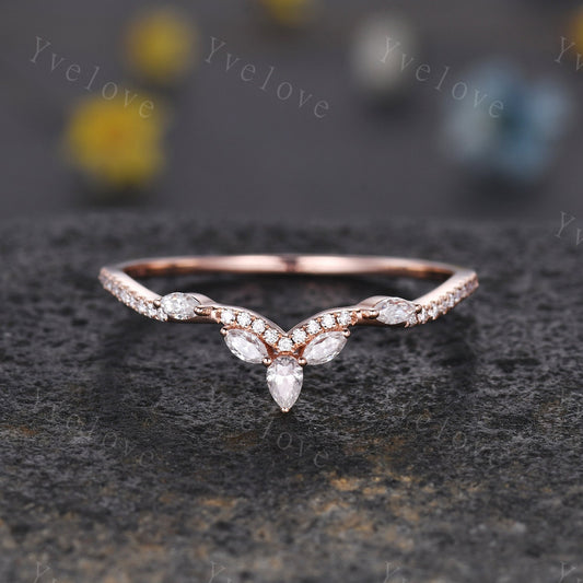 Moissanite wedding band marquise moissanite diamond v curved wedding ring stackable matching band gift for women 14k solid gold bridal band