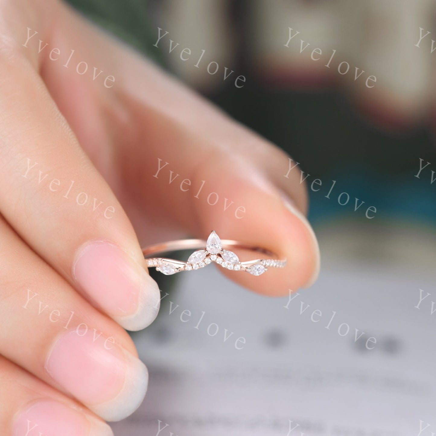 Moissanite wedding band marquise moissanite diamond v curved wedding ring stackable matching band gift for women 14k solid gold bridal band