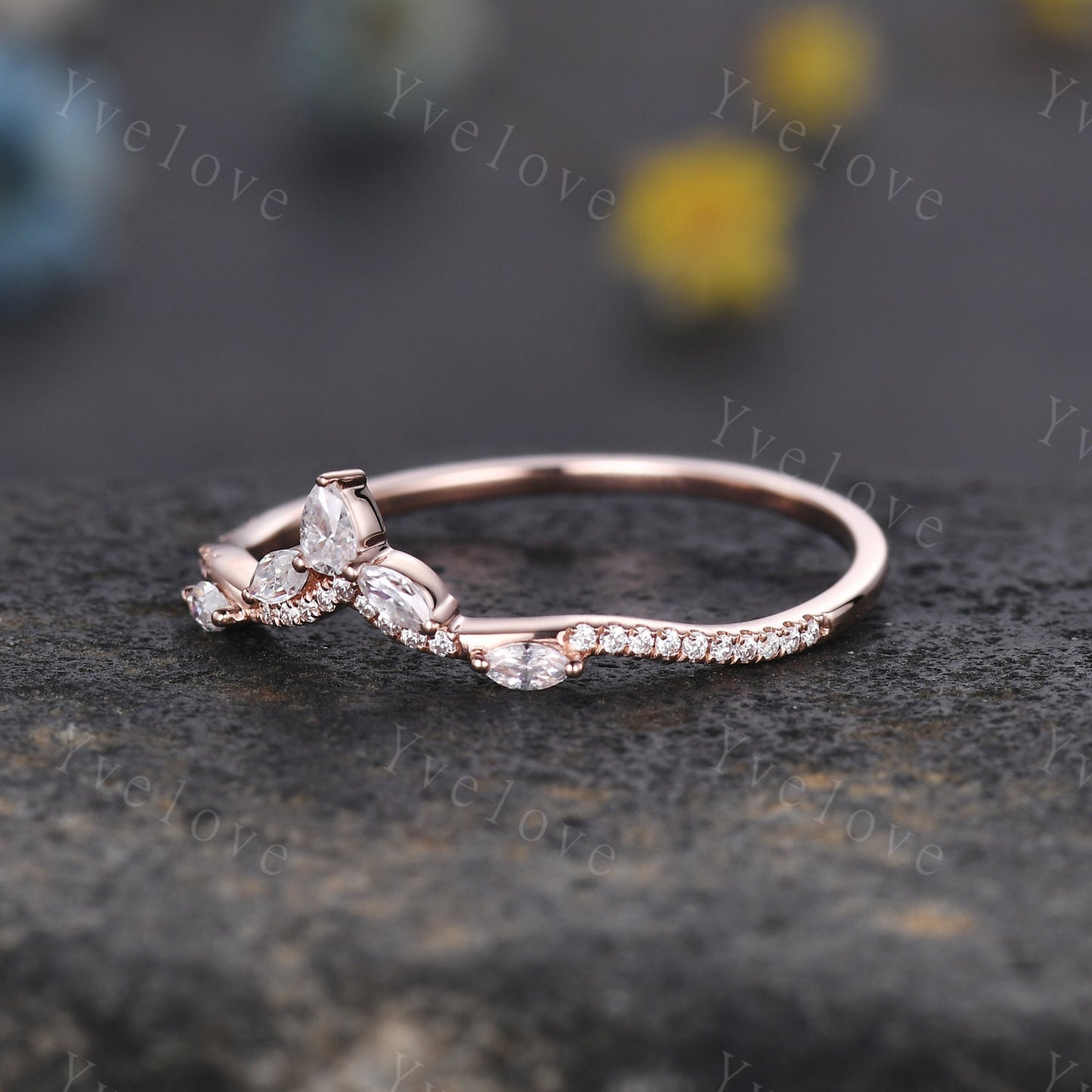 Moissanite wedding band marquise moissanite diamond v curved wedding ring stackable matching band gift for women 14k solid gold bridal band