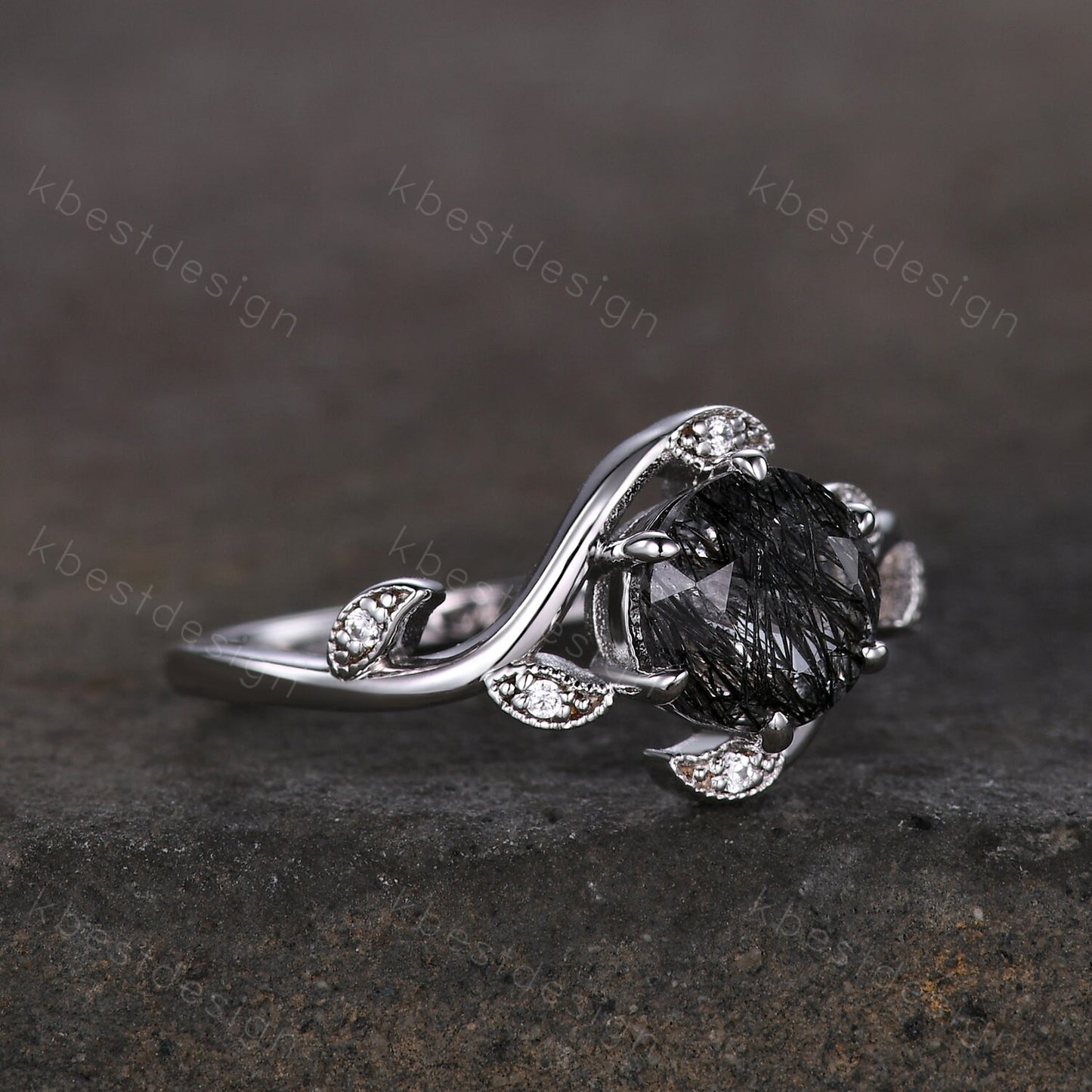 Round cut black rutilated quartz engagement ring vintage unique black gemstone ring art deco leaf style moissanite ring anniversary gift