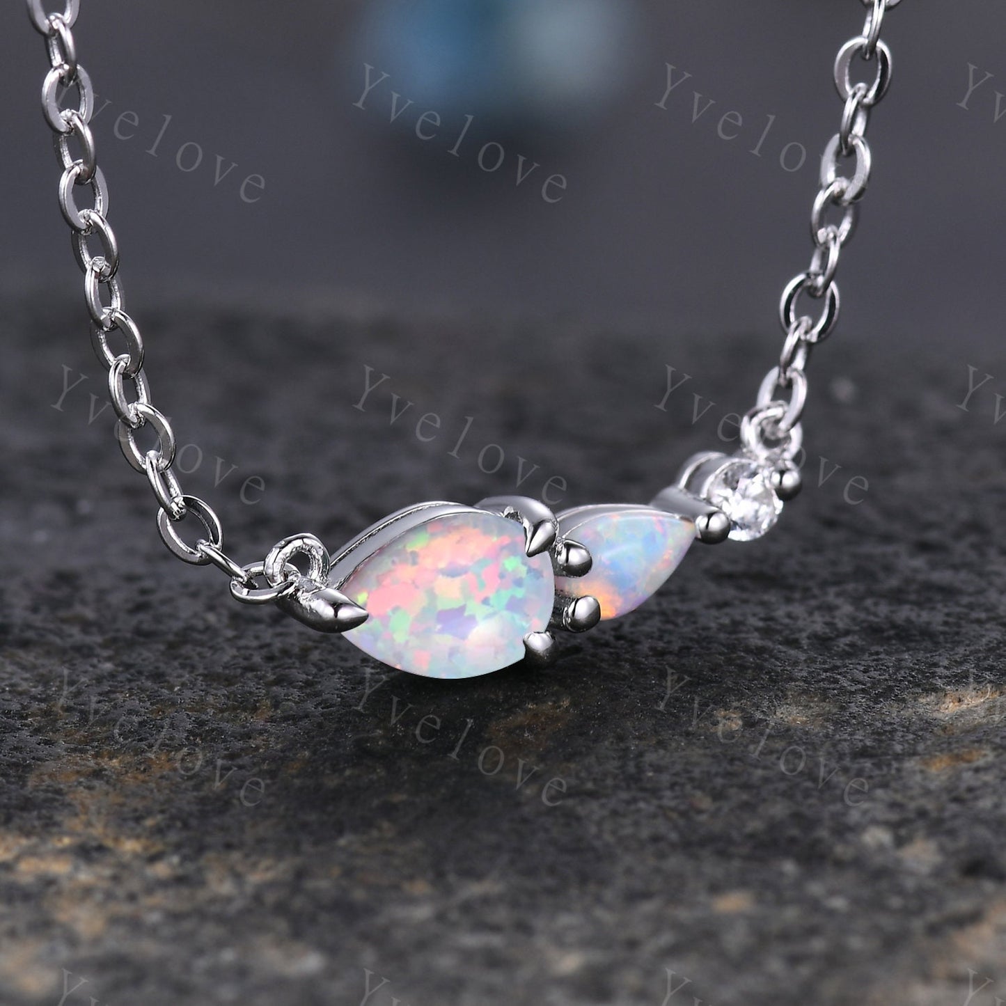 Unique White Opal Necklace,Pear Cut Gems,Art Deco Moissanite Diamond Delicate Dainty Necklace,3 Stone Unique Women Bridal Gift,Silver