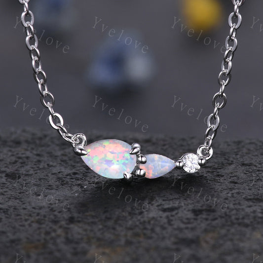 Unique White Opal Necklace,Pear Cut Gems,Art Deco Moissanite Diamond Delicate Dainty Necklace,3 Stone Unique Women Bridal Gift,Silver
