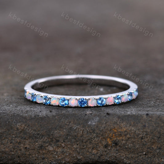 Half Eternity Blue Topaz Opal Wedding Band, Swiss Blue Topaz Wedding Ring, Opal Dainty Stacking Matching Band, Anniversary Ring Gift for Her