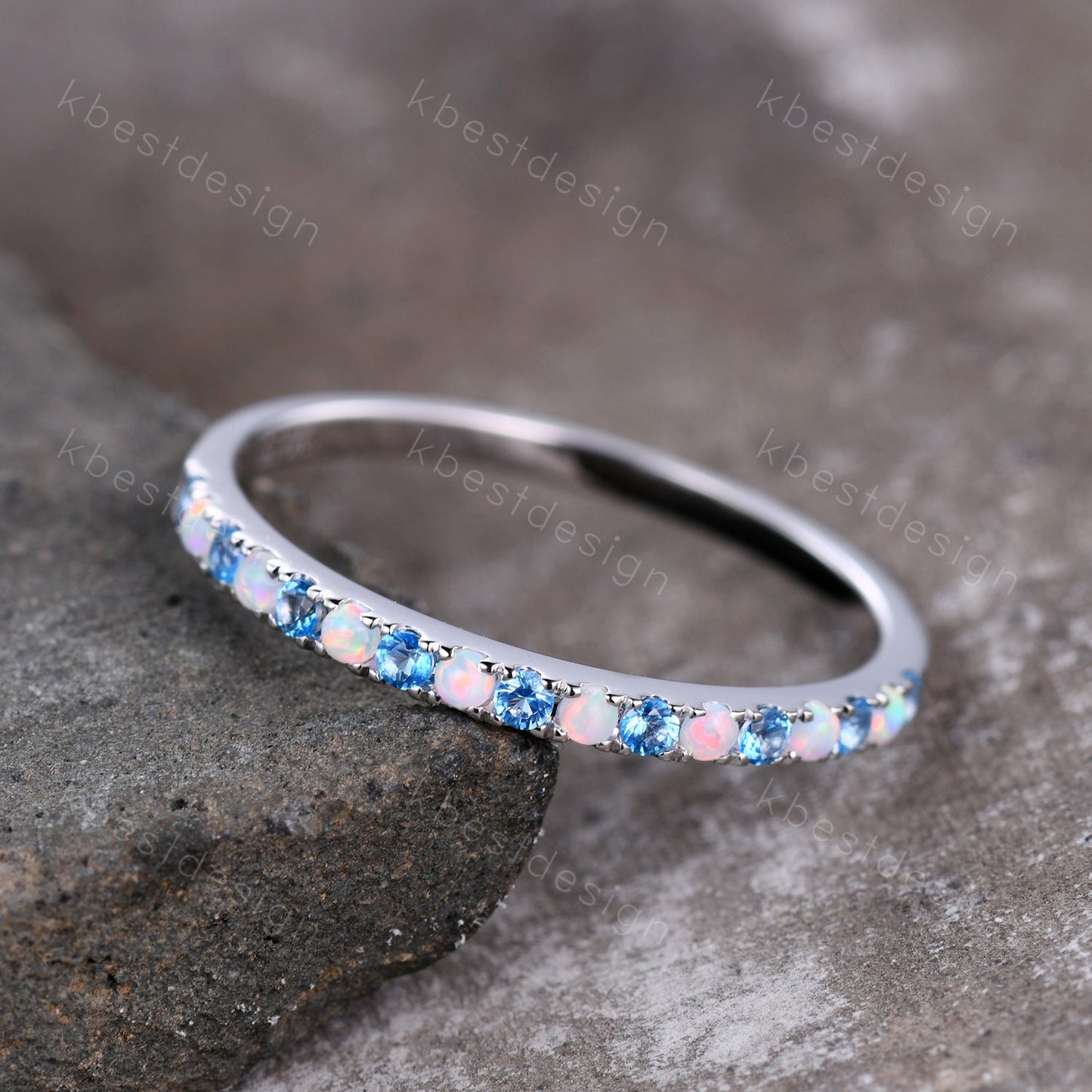 Half Eternity Blue Topaz Opal Wedding Band, Swiss Blue Topaz Wedding Ring, Opal Dainty Stacking Matching Band, Anniversary Ring Gift for Her