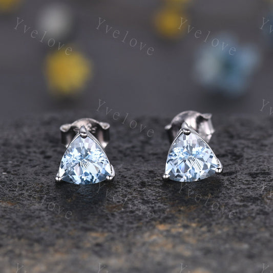 Dainty Triangle aquamarine, earrings natural gemstone jewelry unique earrings studs art deco earring anniversary gift for her Birthday Gift
